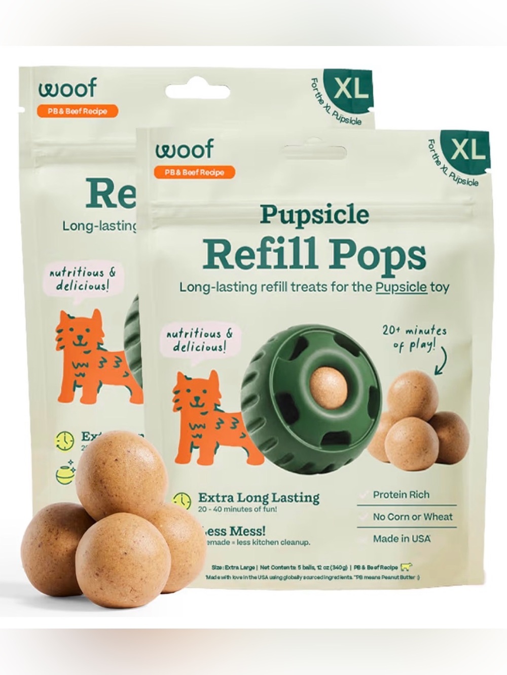 2~WOOF Pupsicle Refill Pops - Low-Mess Dog Snacks - with Peanut Butter and Beef